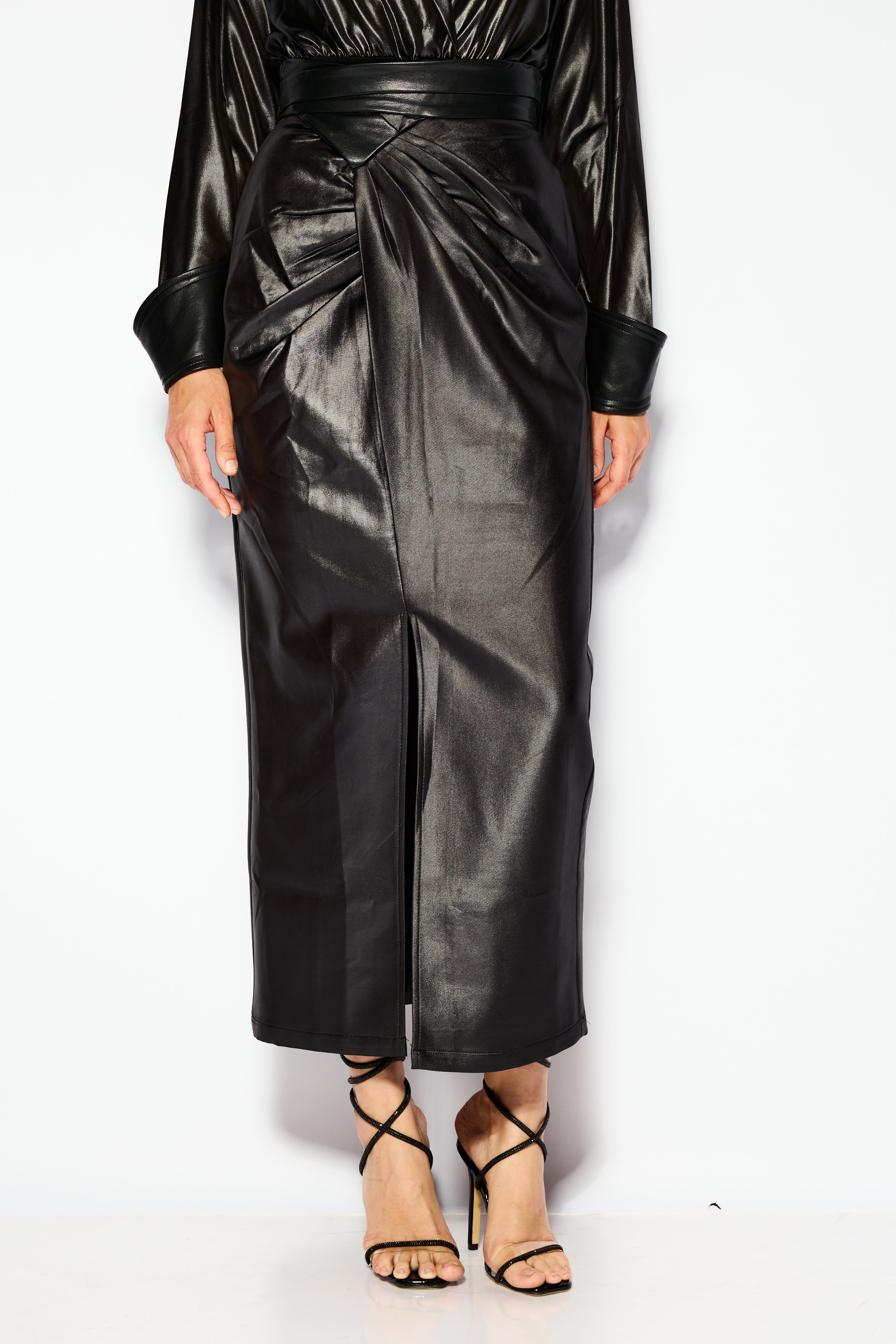 Drape leather maxi skirt