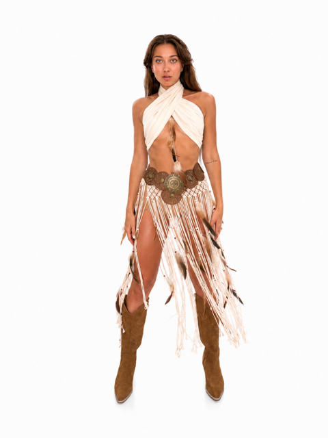 Beige Tribal fringe skirt