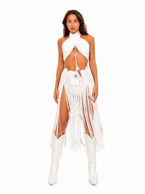 White Tribal fringe skirt