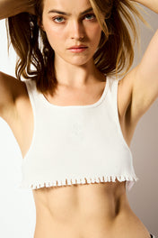 White raw edge crop tank