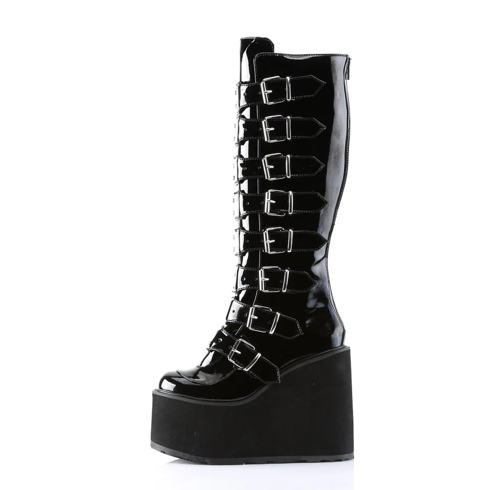 DEMONIA Black Patent Swing Boots