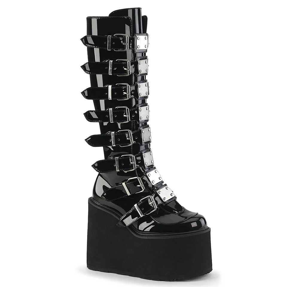 DEMONIA Black Patent Swing Boots