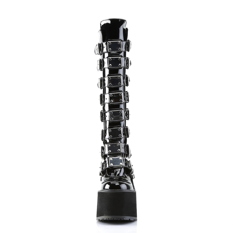 DEMONIA Black Patent Swing Boots