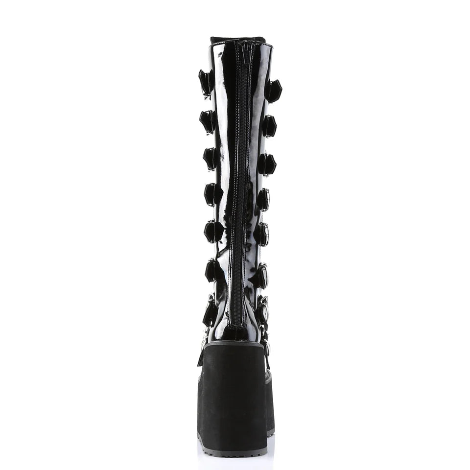 DEMONIA Black Patent Swing Boots